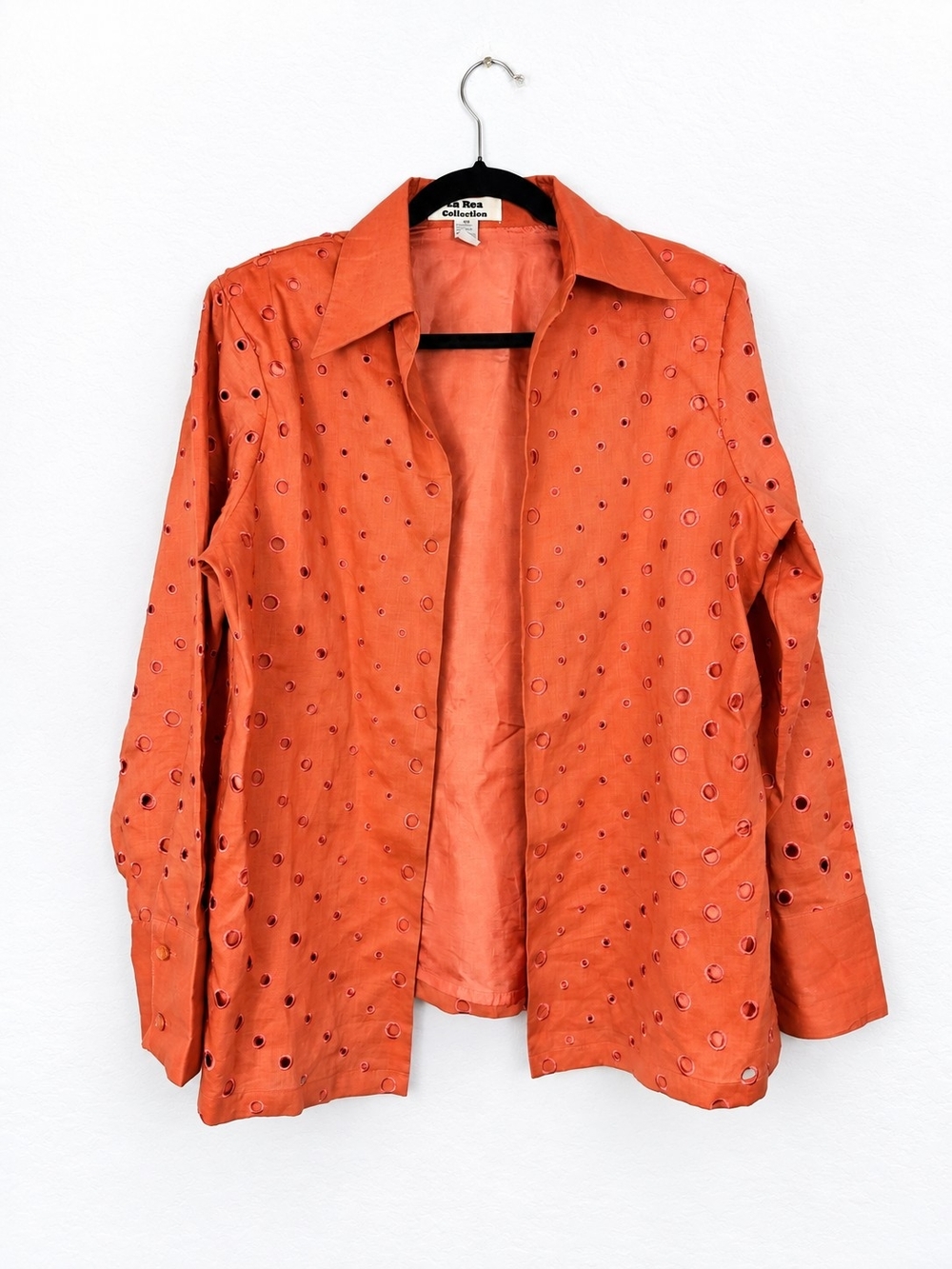 La Rea Collection Linen Eyelet Jacket M Orange Lagenlook Art to Wear Coastal